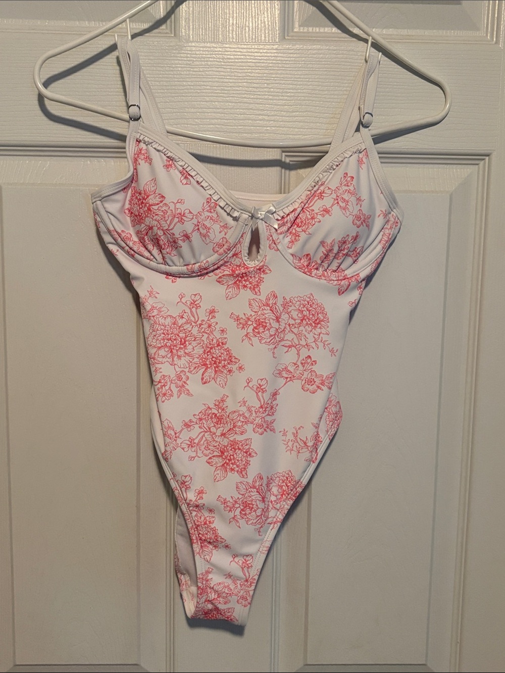 White One-Piece Swimsuit with Pink Floral Print